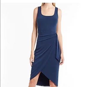 Express long elegant navy blue dress with tie in front